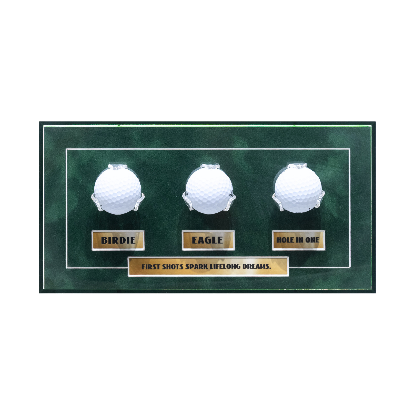 Golf Milestone Display Frame - Green Acrylic Design, Holds up to 3 Golf Balls, Customizable Plaques, 6.3x12.2inches, Balls Not Included
