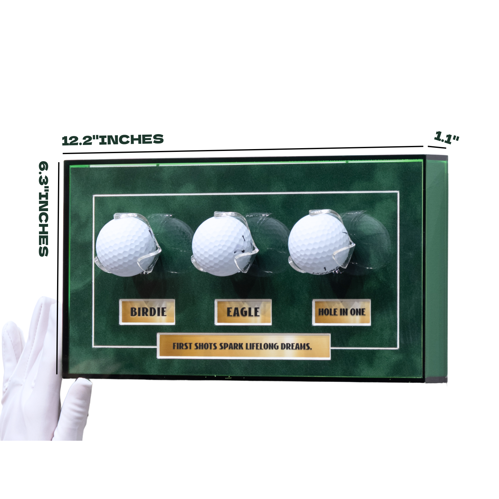 Golf Milestone Display Frame - Green Acrylic Design, Holds up to 3 Golf Balls, Customizable Plaques, 6.3x12.2inches, Balls Not Included