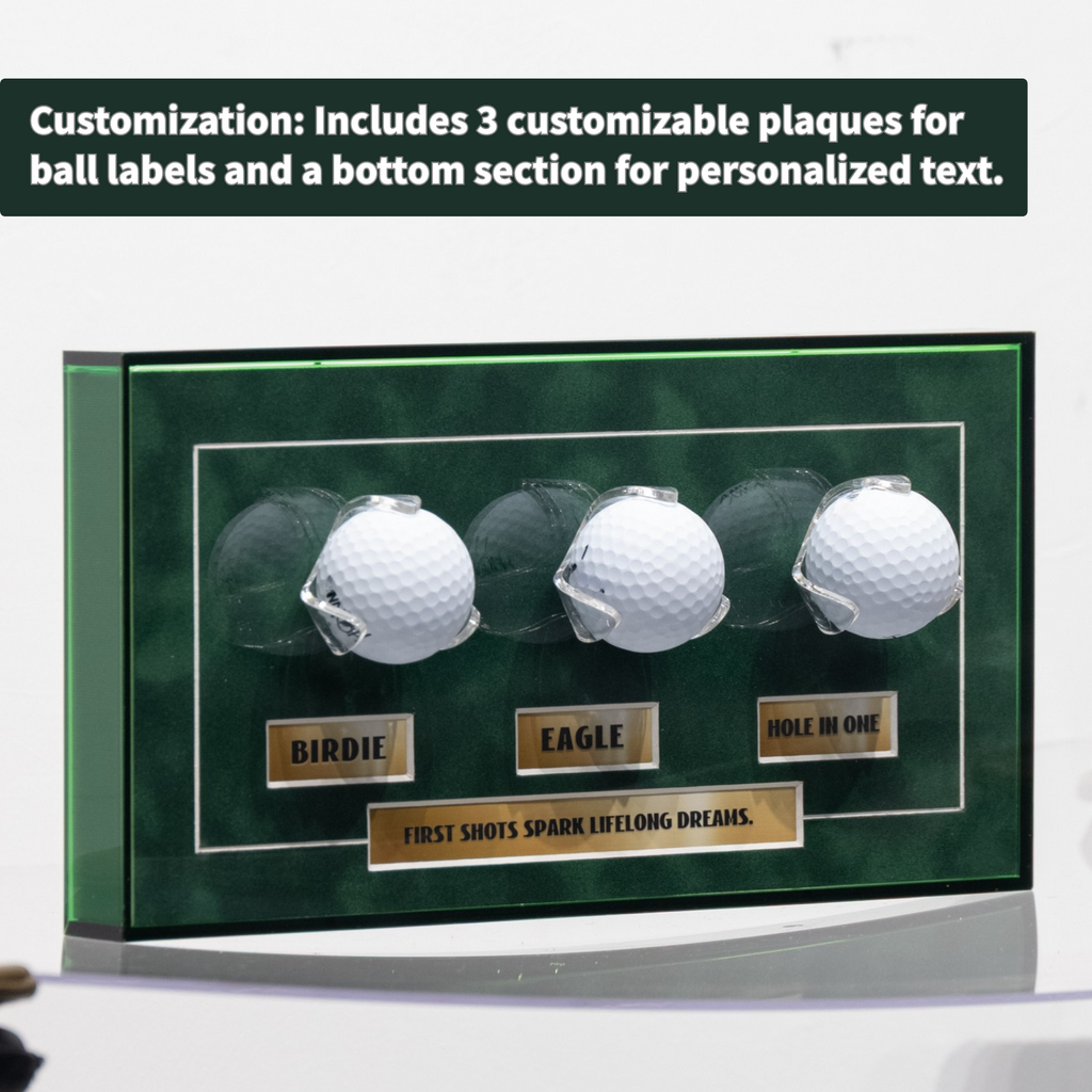 Golf Milestone Display Frame - Green Acrylic Design, Holds up to 3 Golf Balls, Customizable Plaques, 6.3x12.2inches, Balls Not Included