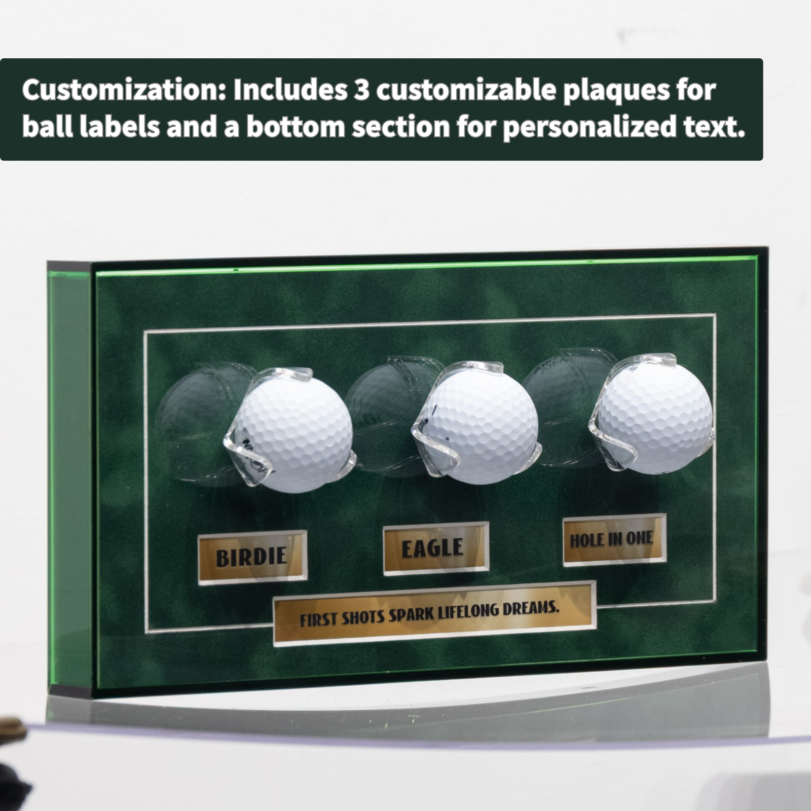 Golf Milestone Display Frame - Green Acrylic Design, Holds up to 3 Golf Balls, Customizable Plaques, 6.3x12.2inches, Balls Not Included