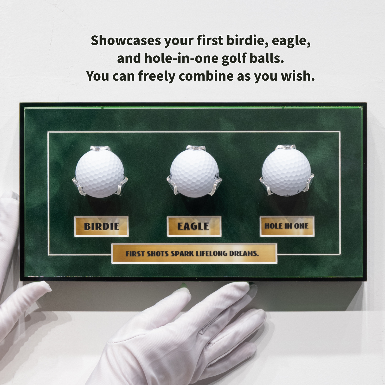 Golf Milestone Display Frame - Green Acrylic Design, Holds up to 3 Golf Balls, Customizable Plaques, 6.3x12.2inches, Balls Not Included