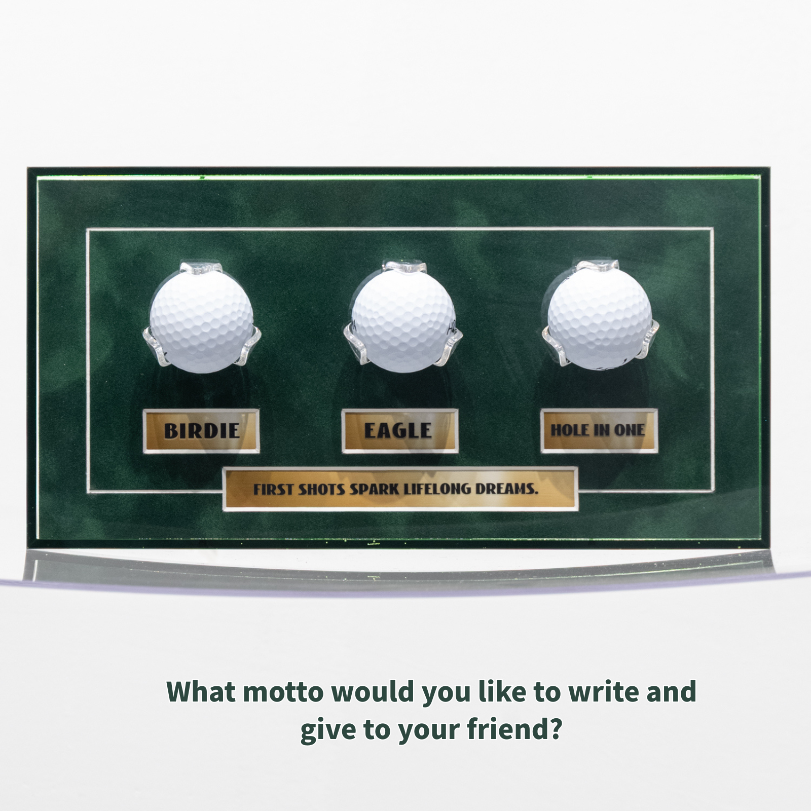 Golf Milestone Display Frame - Green Acrylic Design, Holds up to 3 Golf Balls, Customizable Plaques, 6.3x12.2inches, Balls Not Included