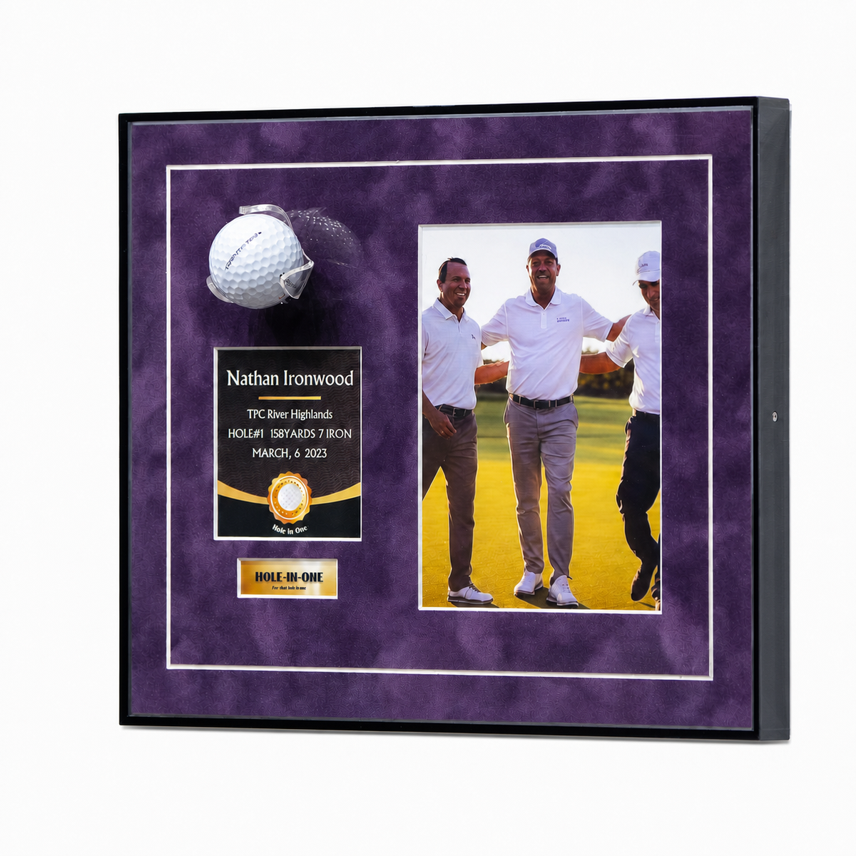 Personalized purple hole-in-one golf ball display with vertical photo